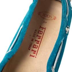 Pre Owned Tod's For Ferrari Teal Blue Suede Bow Loafers Size 35.5