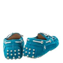 Pre Owned Tod's For Ferrari Teal Blue Suede Bow Loafers Size 35.5