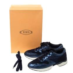 Pre Owned Tod's Metallic Blue Leather and Mesh Fabric Sports Sneakers Size 38