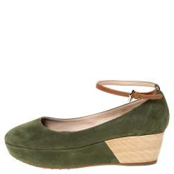 Pre Owned Tod's Green Suede Ankle Strap Platform Wedge Pumps Size 38.5