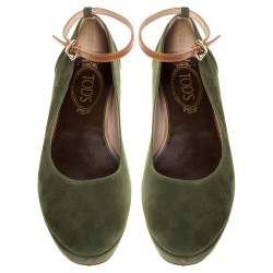 Pre Owned Tod's Green Suede Ankle Strap Platform Wedge Pumps Size 38.5