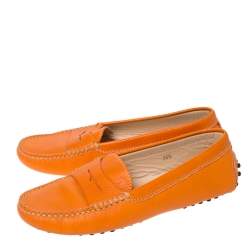 Pre Owned Tod's Orange Leather Penny Slip On Loafers Size 36.5