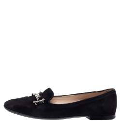 Pre Owned Tod's Black Suede Leather Double T Smoking  Slippers Size 38.5