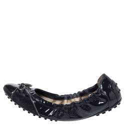 Pre Owned Tod's Grey Patent Leather Suede Scrunch Bow Ballet Flats Size 40