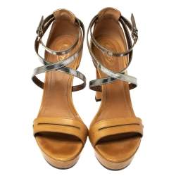 Tod's Light Brown/Metallic Leather Criss Cross Platform Sandals Size 40 