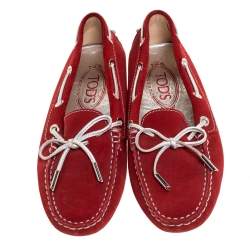 Pre Owned Tod's Red Suede And Silver Bow Loafers Size 35.5