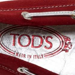 Pre Owned Tod's Red Suede And Silver Bow Loafers Size 35.5