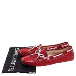 Pre Owned Tod's Red Suede And Silver Bow Loafers Size 35.5