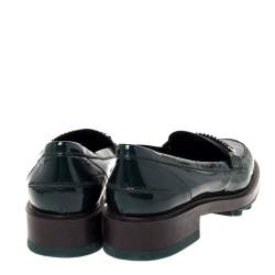 Pre Owned Tod's Green Patent Leather Whip Stitch Detail Platform Penny Loafers Size 36.5