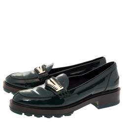 Pre Owned Tod's Green Patent Leather Whip Stitch Detail Platform Penny Loafers Size 36.5