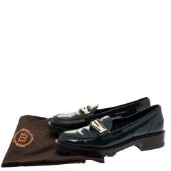 Pre Owned Tod's Green Patent Leather Whip Stitch Detail Platform Penny Loafers Size 36.5