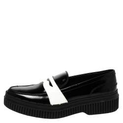 Pre Owned حذاء لوفرز تودز بيني نعل سميك جلد لامع وجلد أبيض /أسود مقاس 38