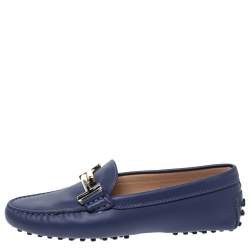 Pre Owned Tod's Blue Leather Double T Loafers Size 35.5
