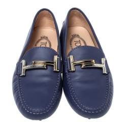 Pre Owned Tod's Blue Leather Double T Loafers Size 35.5