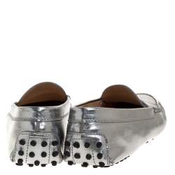Pre Owned Tod's Metallic Silver Leather Penny Slip On Loafers Size 38