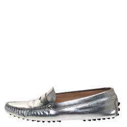 Pre Owned Tod's Metallic Silver Leather Penny Slip On Loafers Size 38