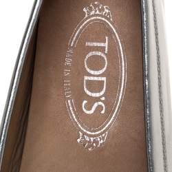 Pre Owned Tod's Metallic Silver Leather Penny Slip On Loafers Size 38