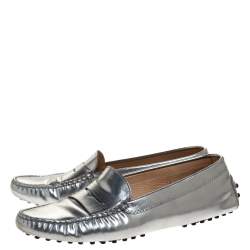 Pre Owned Tod's Metallic Silver Leather Penny Slip On Loafers Size 38