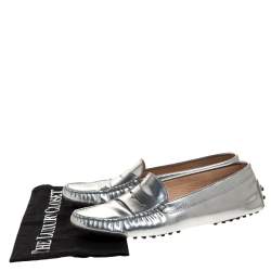 Pre Owned Tod's Metallic Silver Leather Penny Slip On Loafers Size 38