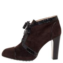 Tod's Brown Suede Leather Lace Up Ankle Booties Size 37