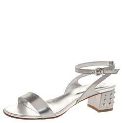 Tod's Silver Patent Leather Studded Block Heel Sandals Size 37.5