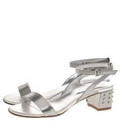 Tod's Silver Patent Leather Studded Block Heel Sandals Size 37.5