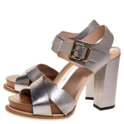 Pre Owned Tod's Silver Leather Platform Ankle Strap Sandals Size 37