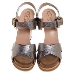 Pre Owned Tod's Silver Leather Platform Ankle Strap Sandals Size 37