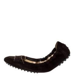 Pre Owned Tod's Dark Brown Suede Penny Loafer Scrunch Flats Size 41
