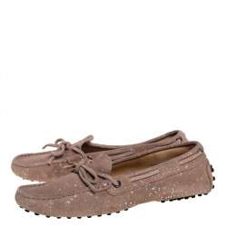 Tod's Pink Suede And Silver Paint Spot Bow Loafers Size 37.5