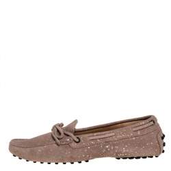 Tod's Pink Suede And Silver Paint Spot Bow Loafers Size 37.5