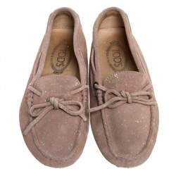 Tod's Pink Suede And Silver Paint Spot Bow Loafers Size 37.5