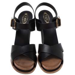 Pre Owned Tod's Black Leather Platform Ankle Strap Sandals Size 38.5