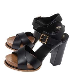 Pre Owned Tod's Black Leather Platform Ankle Strap Sandals Size 38.5