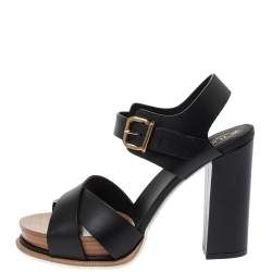 Pre Owned Tod's Black Leather Platform Ankle Strap Sandals Size 38.5