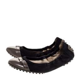 Tod's Black/Grey Leather and Suede Buckle Detail Scrunch Ballet Flats Size 36