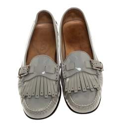 Tod's Grey Patent Leather Buckle Detail Fringe Loafers Size 39
