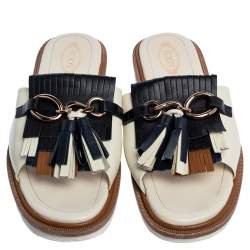 Pre Owned Tod's Multicolor Leather Fringe And Tassel Platform Slide Sandals Size 37.5