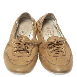 Pre Owned Tod's Tan Leather Lace Up Scrunch Low Top Sneakers Size 39