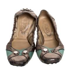 Tod's Metallic/Green Leather Scrunch Ballet Flats Size 38.5