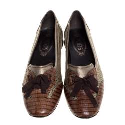 Pre Owned  Tod's Multicolor Leather, Fabric And Lizard Embossed Leather Lace Bow Ballet Flats Size 38.5