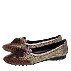 Pre Owned  Tod's Multicolor Leather, Fabric And Lizard Embossed Leather Lace Bow Ballet Flats Size 38.5