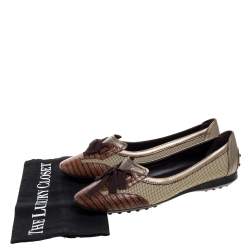 Pre Owned  Tod's Multicolor Leather, Fabric And Lizard Embossed Leather Lace Bow Ballet Flats Size 38.5