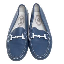 Pre Owned حذاء لوفرز تودز بطراز سليب أون مزين بشعار الماركة حرف تي مزدوج جلد أزرق مقاس 41.5