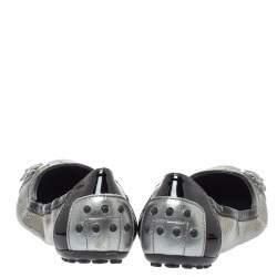 Pre Owned Tod's Black Patent And Metallic Grey Snakeskin Embossed Buckle Detail Ballet Flats Size 38.5