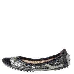 Pre Owned Tod's Black Patent And Metallic Grey Snakeskin Embossed Buckle Detail Ballet Flats Size 38.5