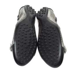 Pre Owned Tod's Black Patent And Metallic Grey Snakeskin Embossed Buckle Detail Ballet Flats Size 38.5