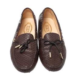 Tod's Brown Python Leather Bow Slip On Loafers Size 38.5