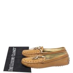 Pre Owned Tod's Tan Perforated Leather Bow Loafers Size 37.5