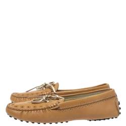 Pre Owned Tod's Tan Perforated Leather Bow Loafers Size 37.5